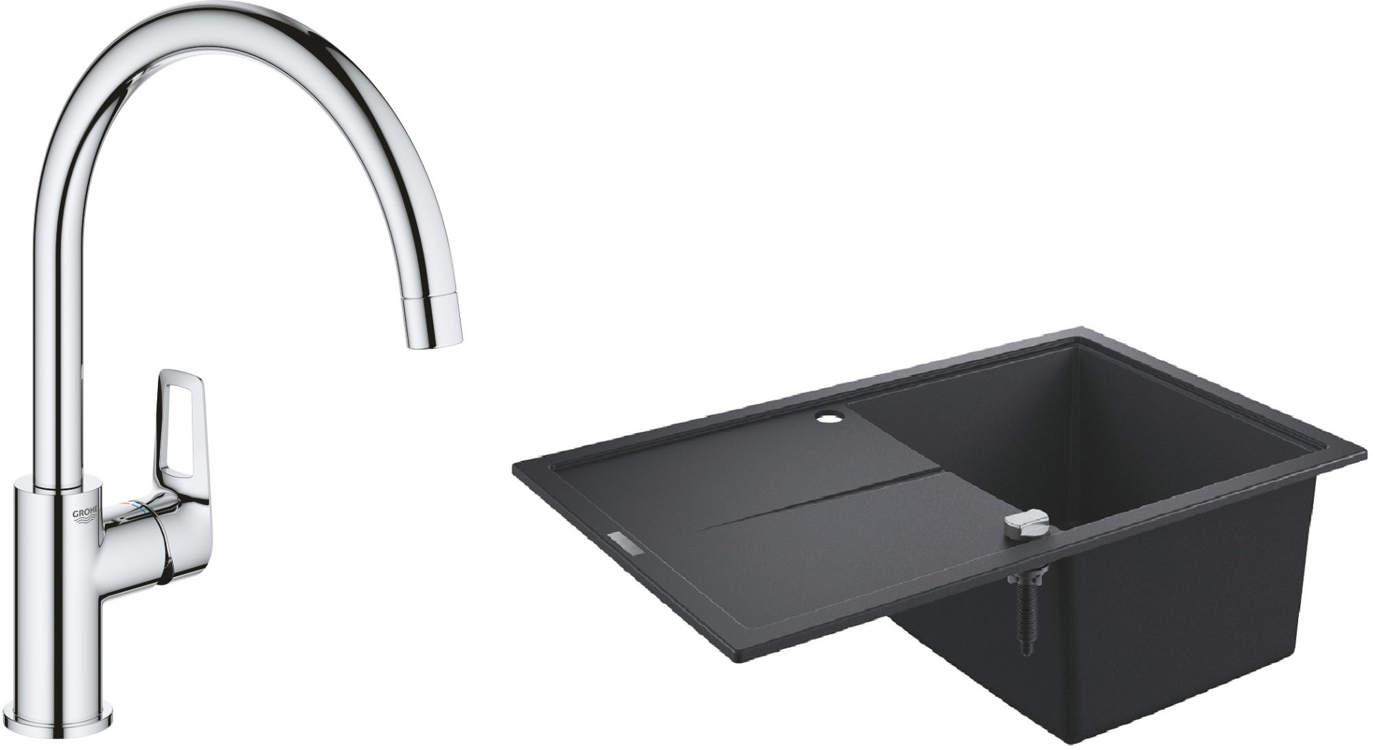 Zestaw Grohe K400 zlewozmywak 78x50 cm czarny granit z baterią kuchenną BauLoop chrom (31639AP0, 31368001)