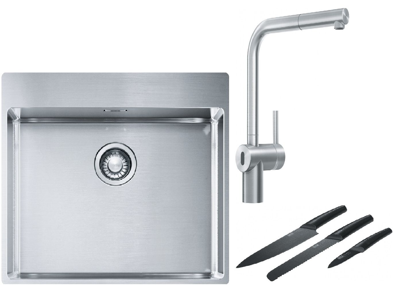 Franke Box BXX 210-54 TL zlewozmywak 57x51 cm stalowy z baterią kuchenną Atlas Neo Sensor stal szlachetna i zestawem noży kuchennych ... - Wysyłka w 