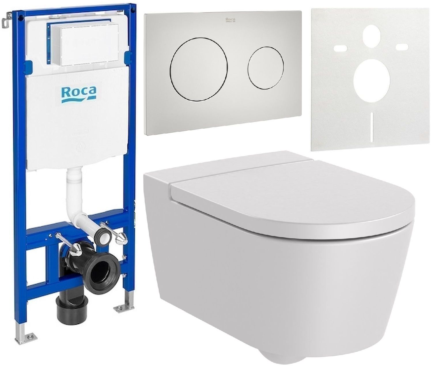 Zestaw Roca Inspira Round miska WC wisząca Rimless z deską sedesową wolnoopadającą i stelaż podtynkowy Duplo One z przyciskiem ...