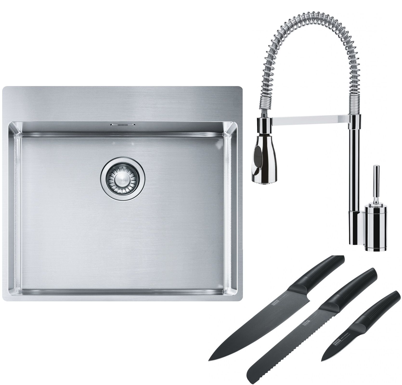 Franke Box BXX 210-54 TL zlewozmywak 57x51 cm stalowy z baterią kuchenną Sentinel chrom i zestawem noży kuchennych (1270369295, ...
