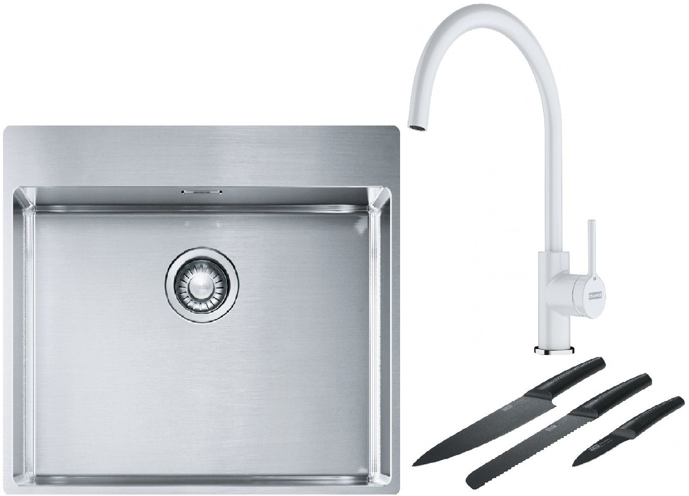 Franke Box BXX 210-54 TL zlewozmywak 57x51 cm stalowy z baterią kuchenną Lina biały polarny i zestawem noży kuchennych (1270369295, ...