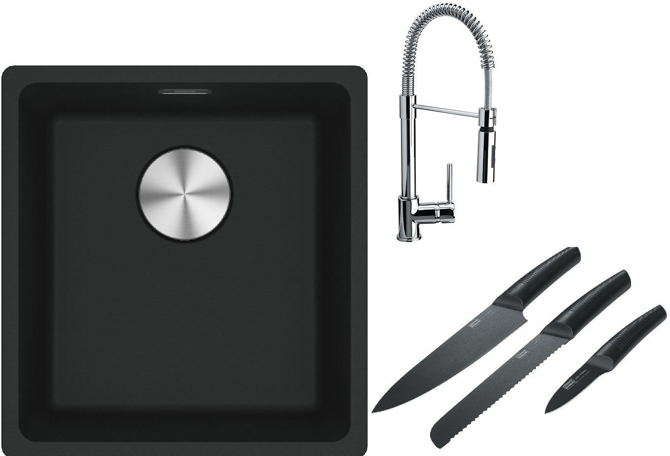Franke Maris MRG 110-37 zlewozmywak 40x37 cm Fragranite czarny mat z baterią kuchenną Coxy chrom i zestawem noży kuchennych (1250687248, ...