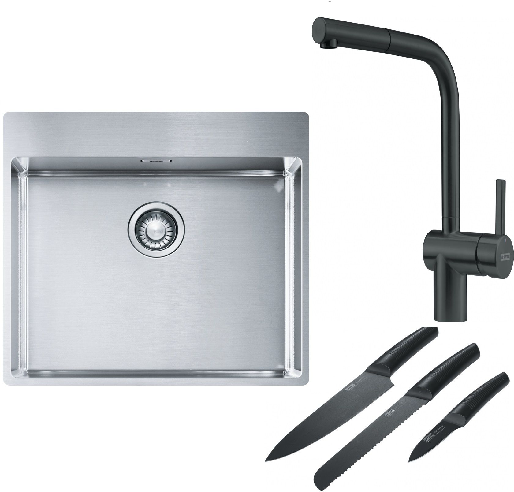Franke Box BXX 210-54 TL zlewozmywak 57x51 cm stalowy z baterią kuchenną Atlas czarna stal szlachetna i zestawem noży kuchennych ... - Wysyłka w 24h