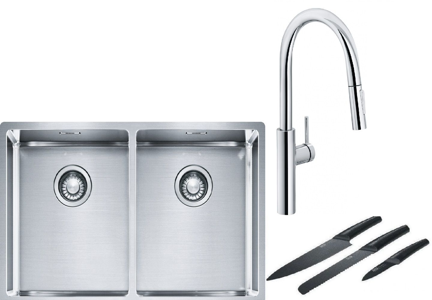 Franke Box BXX 220/120 34-34 zlewozmywak 74x45 cm stalowy z baterią kuchenną Pescara L Slide-In chrom i zestawem noży kuchennych ... - Wysyłka w 24h
