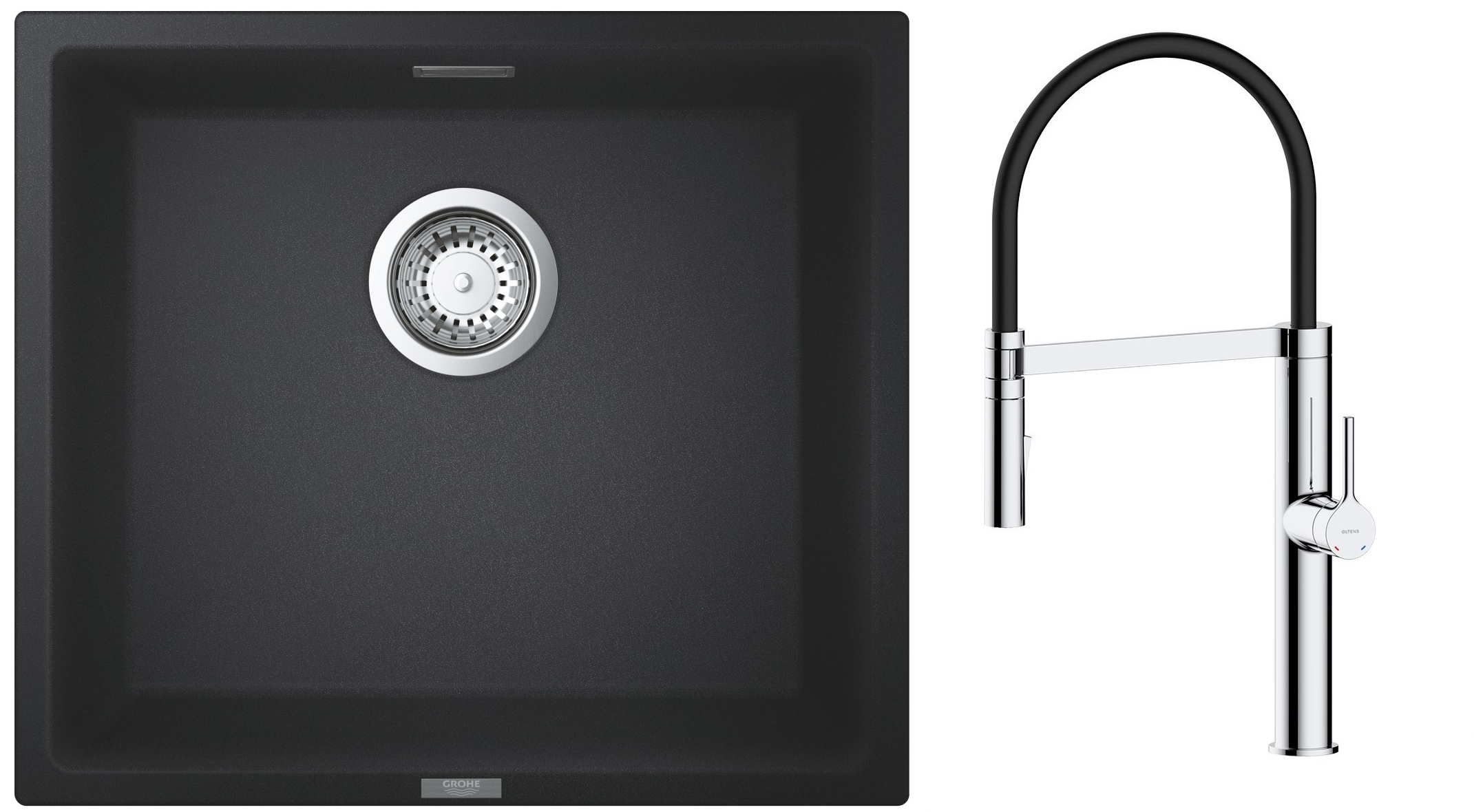 Zestaw Grohe K700 zlewozmywak granitowy 45,7x40,6 cm z baterią kuchenną Oltens Borga czarny granit/chrom/czarny (35207100, 31653AP0) - Wysyłka w 24h