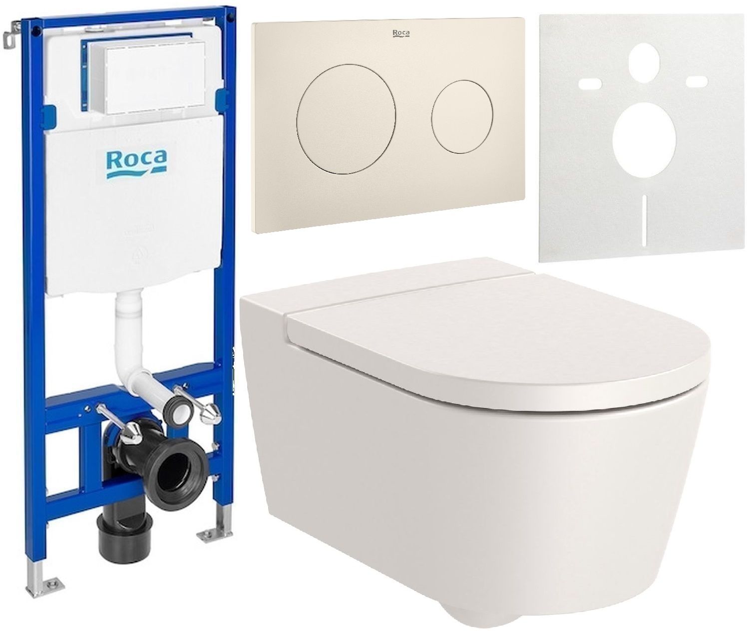 Zestaw Roca Inspira miska WC wisząca Rimless z deską sedesową wolnoopadającą i stelaż podtynkowy Duplo One z przyciskiem ...