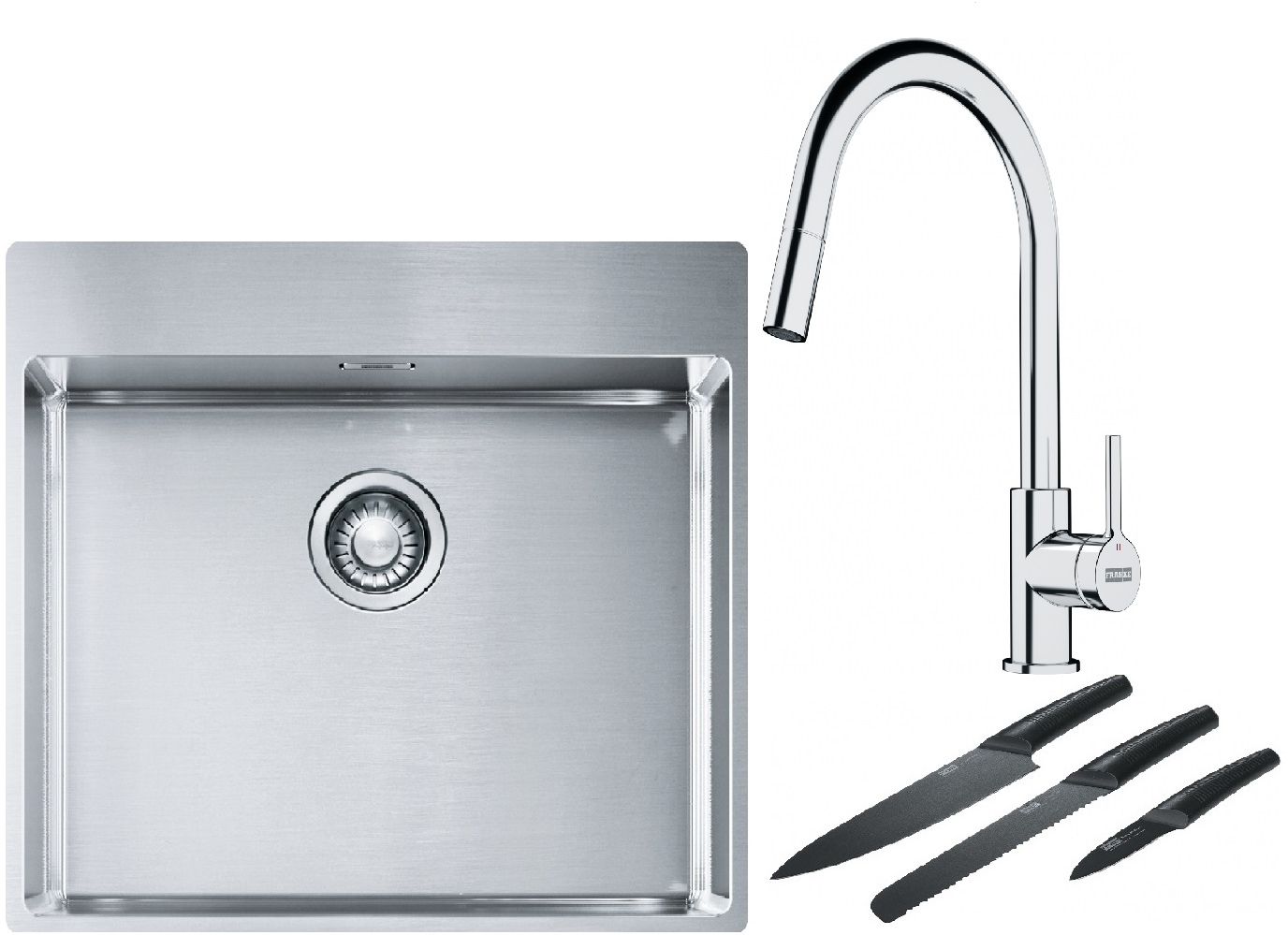 Franke Box BXX 210-54 TL zlewozmywak 57x51 cm stalowy z baterią kuchenną Lina chrom i zestawem noży kuchennych (1270369295, 1150693229, ...