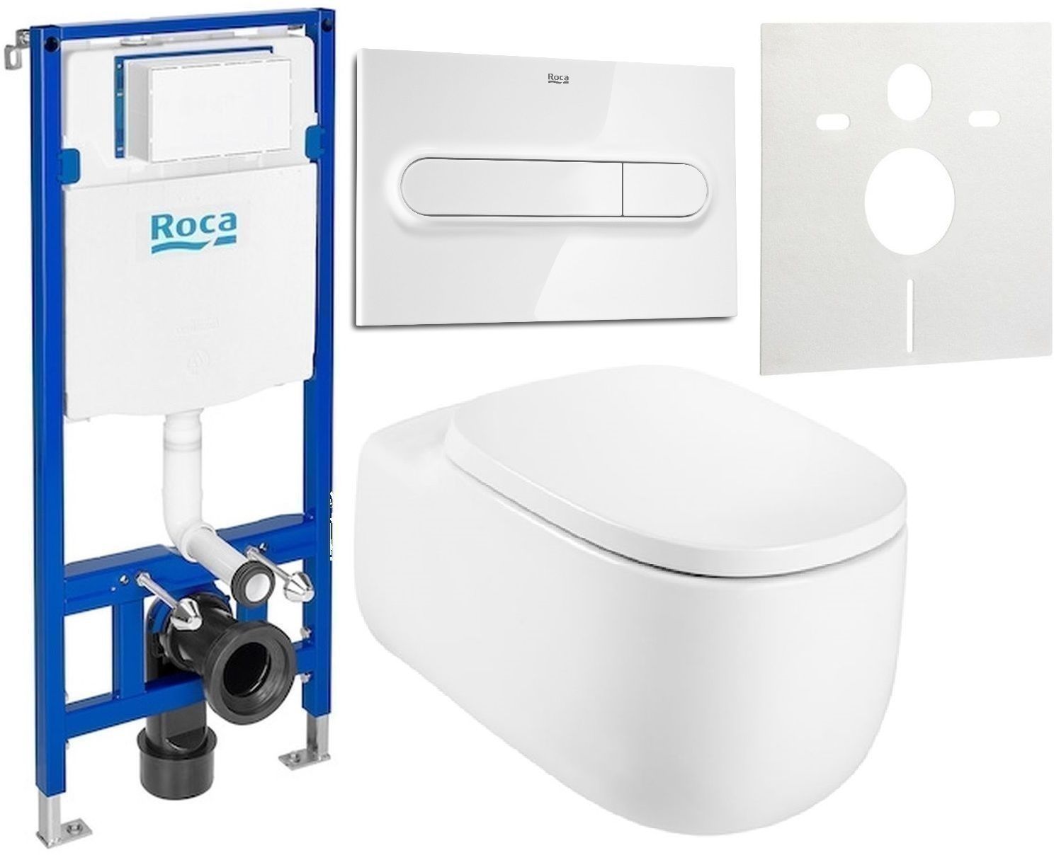 Zestaw Roca Beyond miska WC wisząca Rimless z deską sedesową wolnoopadającą i stelaż podtynkowy Duplo One z przyciskiem spłukującym ...