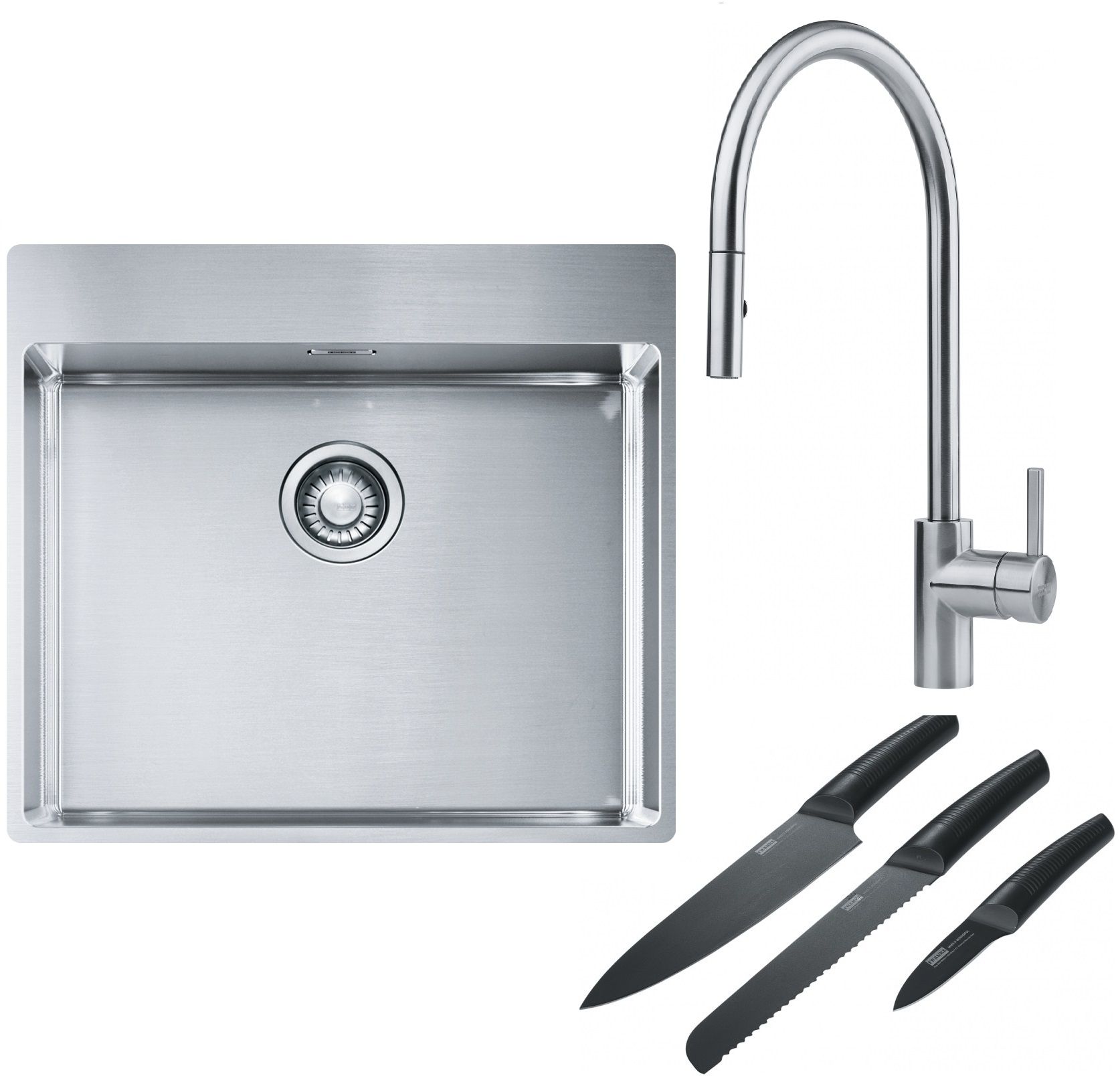Franke Box BXX 210-54 TL zlewozmywak 57x51 cm stalowy z baterią kuchenną Eos stal szlachetna i zestawem noży kuchennych (1270369295, ... - Wysyłka w 