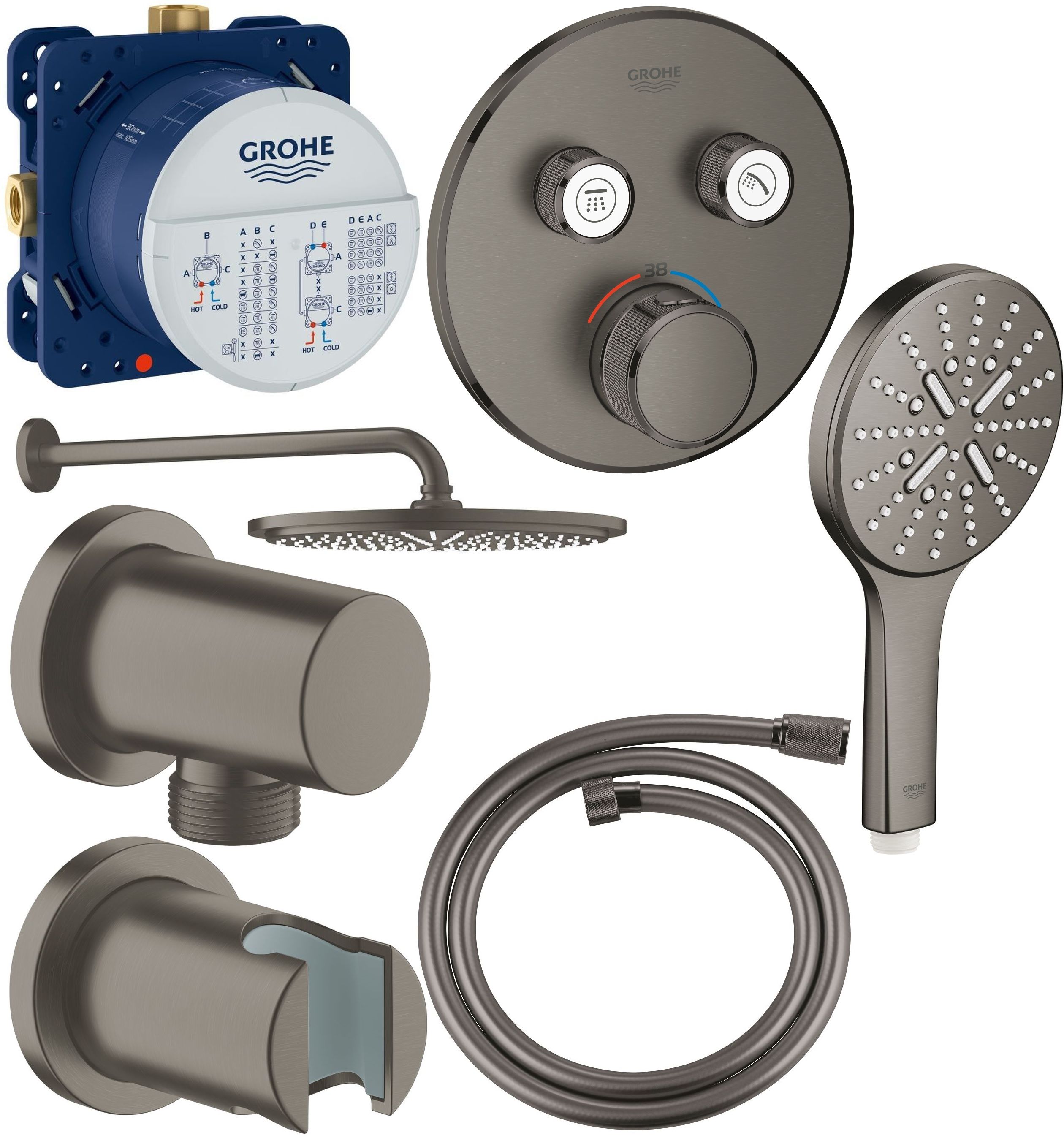 Grohe Grohtherm SmartControl zestaw prysznicowy podtynkowy termostatyczny z deszczownicą brushed hard graphite (35600000, 29119AL0, ...