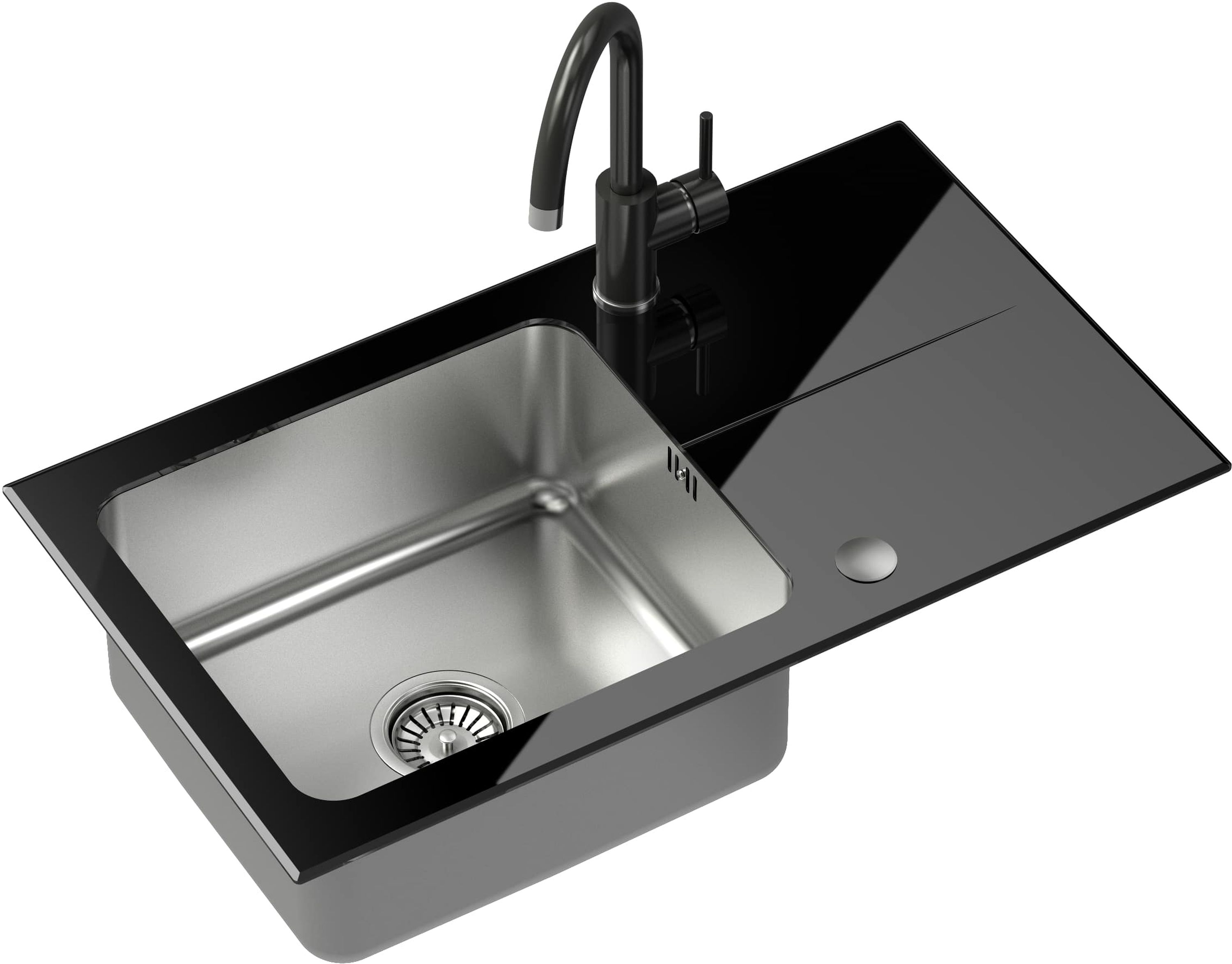 Quadron Hugh 111 zlewozmywak szklano-stalowy 77x44 cm stal/czarny z baterią Naomi czarny połysk ST3577SC1BS-BW7059CZP