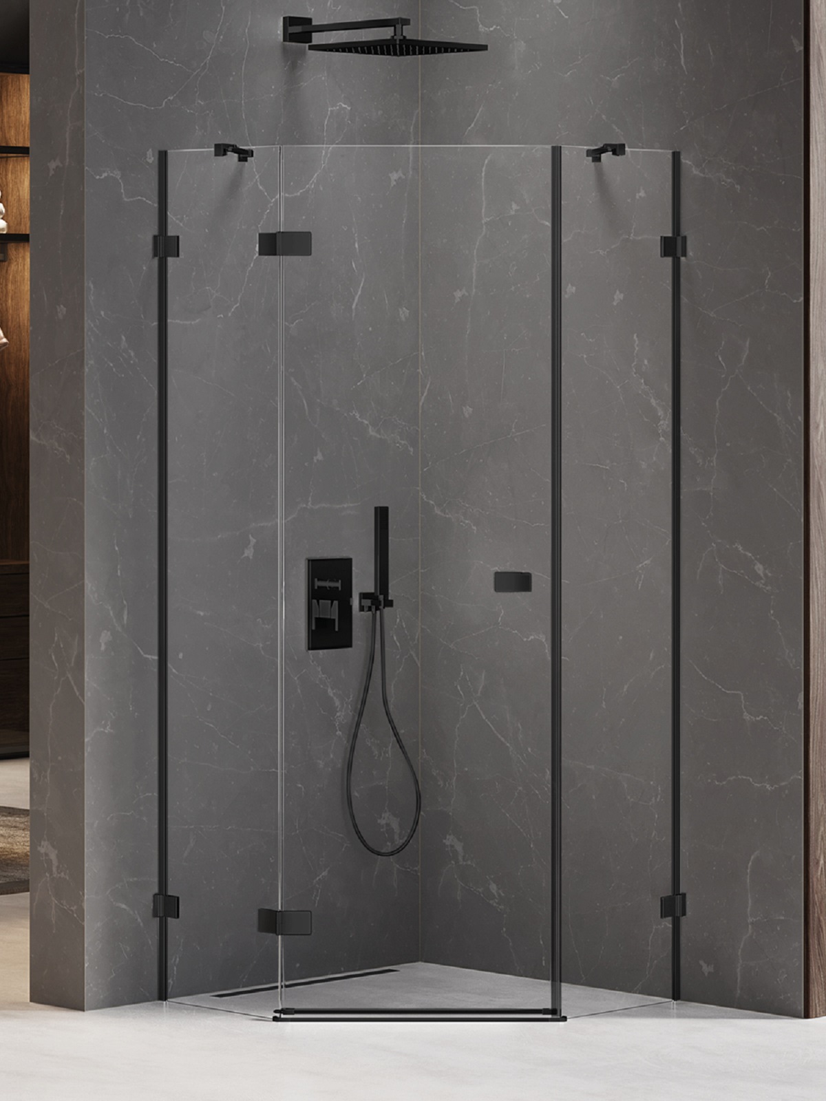 New Trendy Avexa Black kabina prysznicowa 80x80 cm pięciokątna lewa czarny mat/szkło przezroczyste EXK-3873