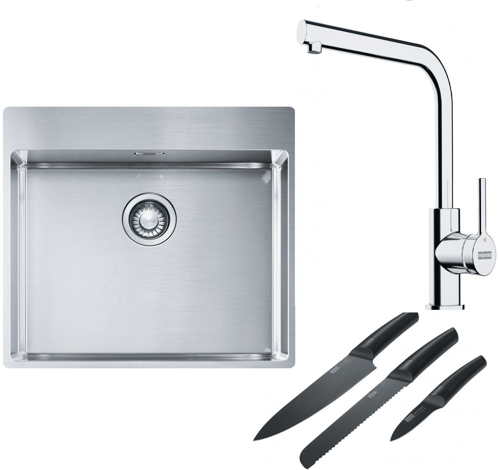 Franke Box BXX 210-54 TL zlewozmywak 57x51 cm stalowy z baterią kuchenną Lina chrom i zestawem noży kuchennych (1270369295, 1150693230, ...