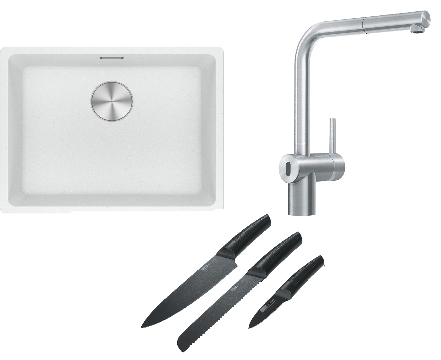 Franke Maris MRG 110-52 zlewozmywak 52x40 cm Fragranite biały polarny z baterią kuchenną Atlas Neo Sensor stal szlachetna i zestawem ...