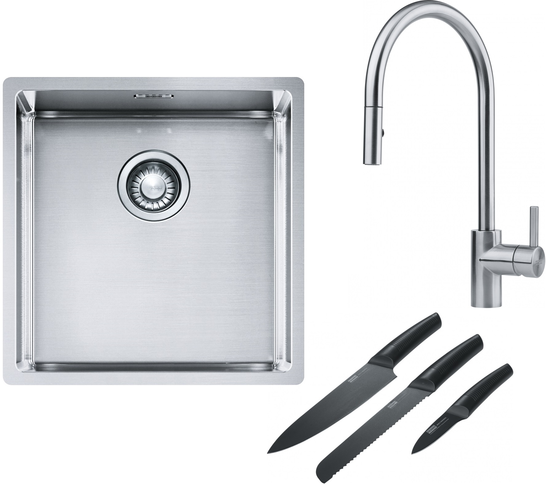 Franke Box BXX 210/110-40 zlewozmywak 45x44 cm stalowy z baterią kuchenną Eos stal szlachetna i zestawem noży kuchennych (1270453654, ...