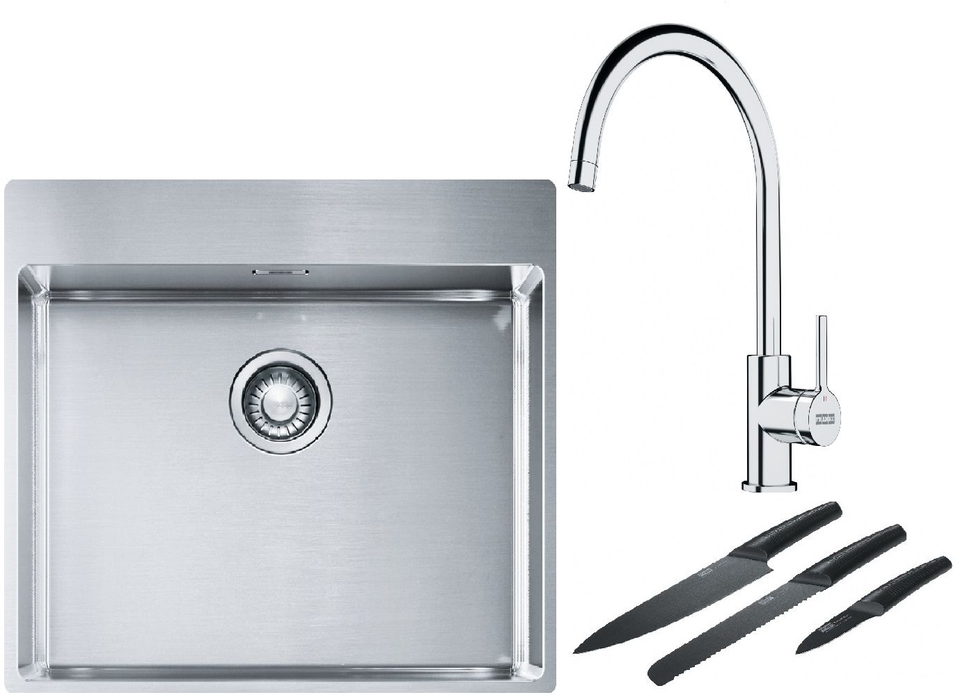 Franke Box BXX 210-54 TL zlewozmywak 57x51 cm stalowy z baterią kuchenną Lina chrom i zestawem noży kuchennych (1270369295, 1150693228, ...