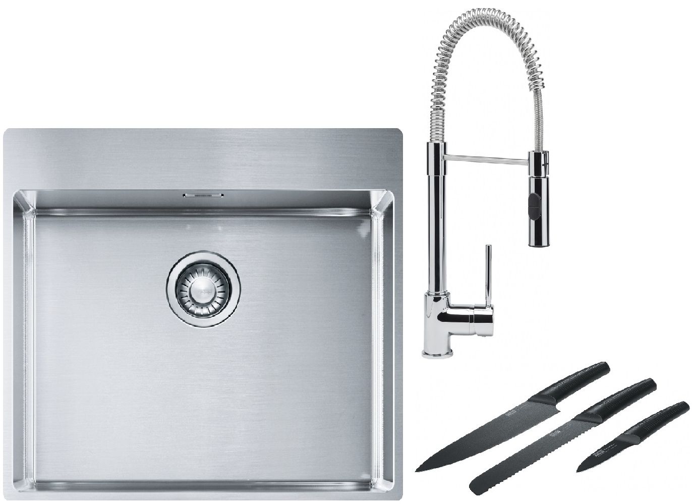 Franke Box BXX 210-54 TL zlewozmywak 57x51 cm stalowy z baterią kuchenną Coxy chrom i zestawem noży kuchennych (1270369295, 1150159732, ...