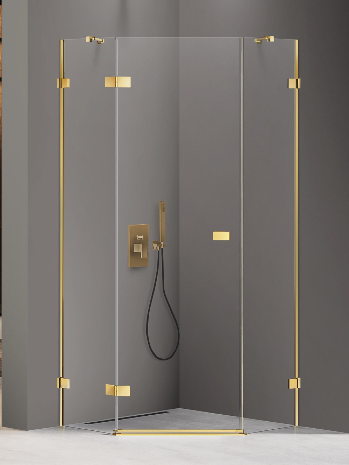 New Trendy Avexa Gold Shine kabina prysznicowa 80x80 cm pięciokątna lewa złoty połysk/szkło przezroczyste EXK-3840