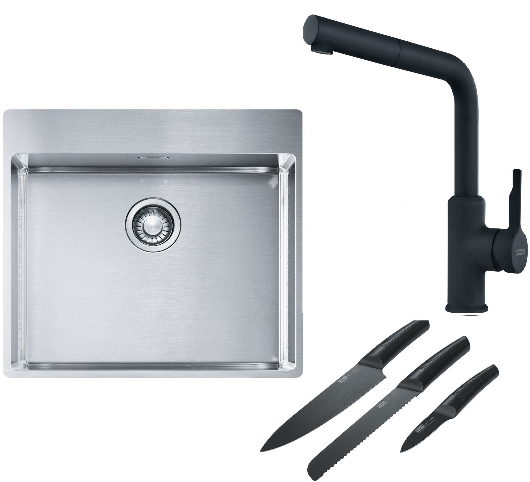 Franke Box BXX 210-54 TL zlewozmywak 57x51 cm stalowy z baterią kuchenną Urban czarny mat i zestawem noży kuchennych (1270369295, ...
