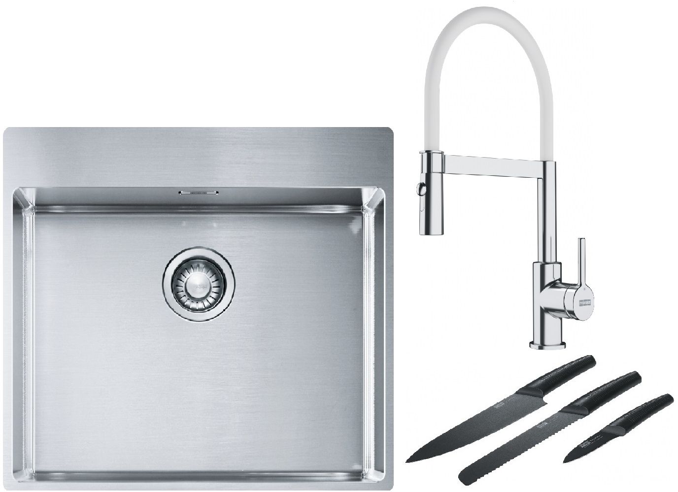 Franke Box BXX 210-54 TL zlewozmywak 57x51 cm stalowy z baterią kuchenną Lina chrom/biały i zestawem noży kuchennych (1270369295, ...