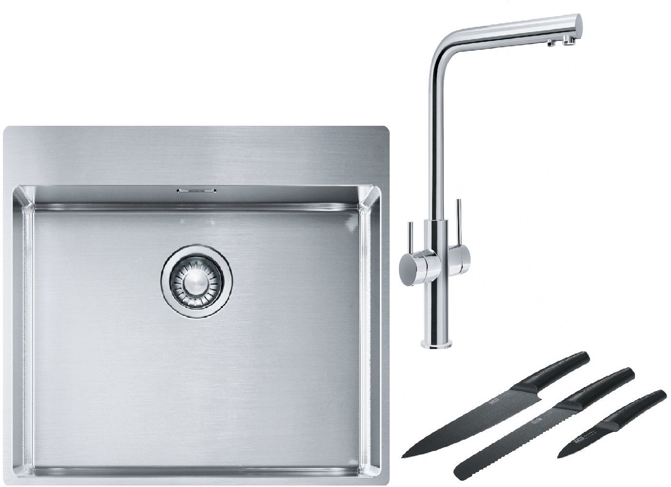 Franke Box BXX 210-54 TL zlewozmywak 57x51 cm stalowy z baterią kuchenną Neptune Clear Water chrom i zestawem noży kuchennych ...