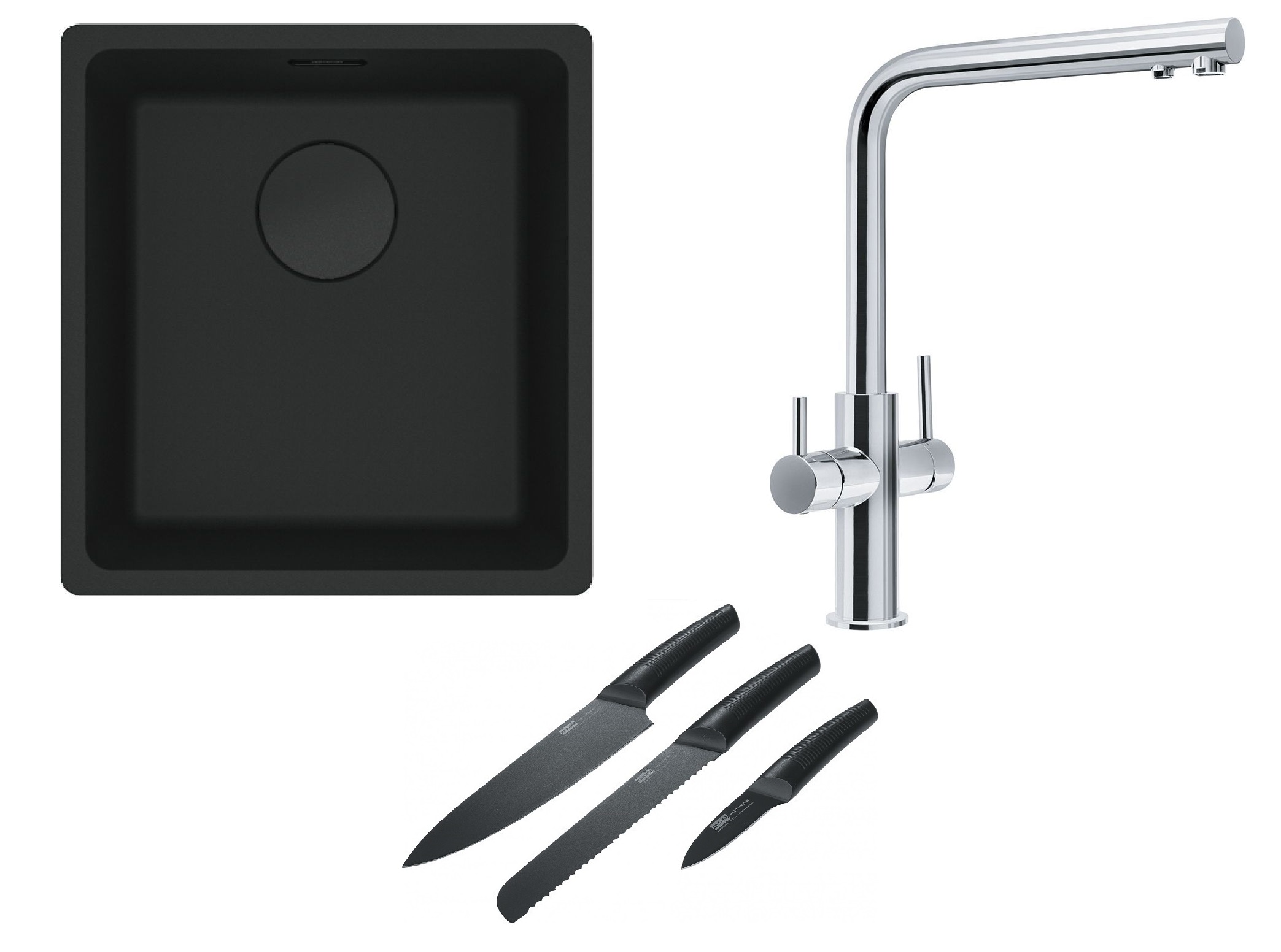Franke Maris MRG 110-37 zlewozmywak 40x37 cm Fragranit + czarny mat z baterią kuchenną Neptune Clear Water chrom i zestawem noży ...