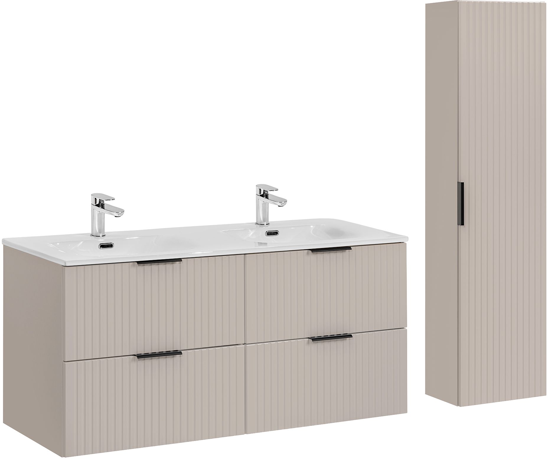 Comad Adel Cashmere zestaw mebli łazienkowych szafka 120 cm podumywalkowa wisząca z umywalką meblową i szafka wysoka 140 cm boczna ...
