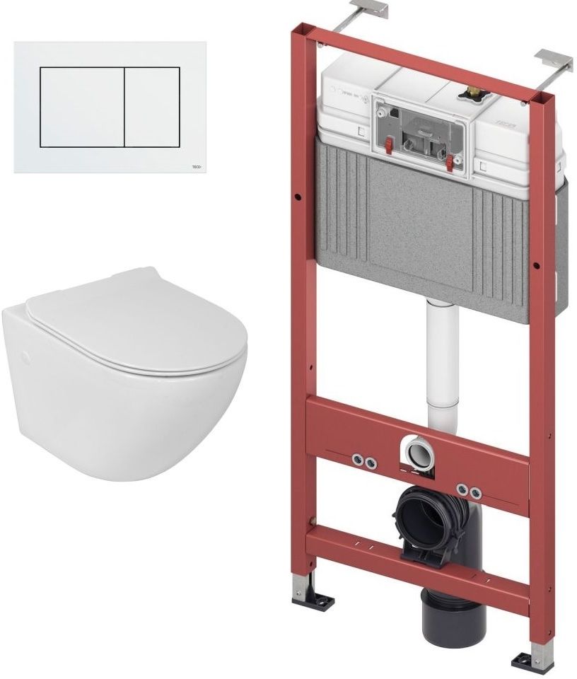 Zestaw Lavita Sofi Slim miska WC wisząca bez kołnierza z deską wolnoopadającą stelaż podtynkowy Tece Base z przyciskiem spłukującym ...