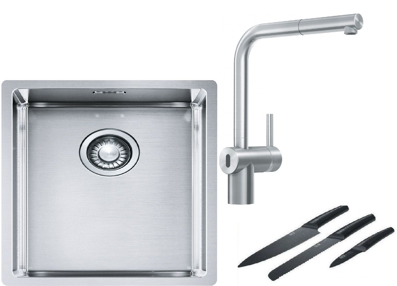 Franke Box BXX 210/110-34 zlewozmywak 38x45 cm stalowy z baterią kuchenną Atlas Neo Sensor stal szlachetna i zestawem noży kuchennych ...