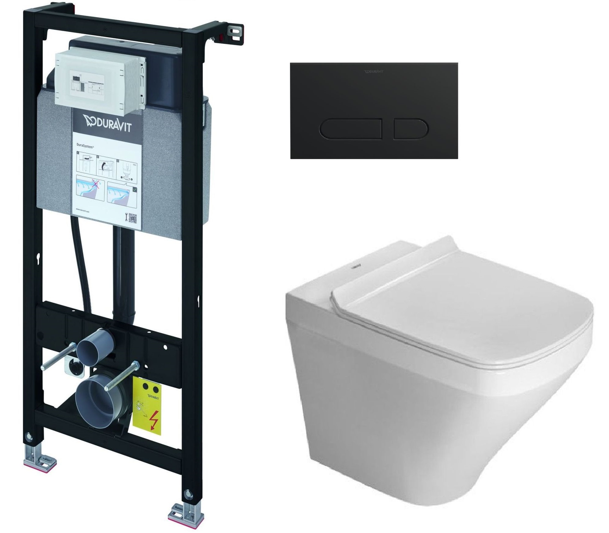 Zestaw Duravit DuraSystem stelaż podtynkowy z przyciskiem spłukującym czarny mat i miską WC Rimless DuraStyle z deską wolnoopadającą ...