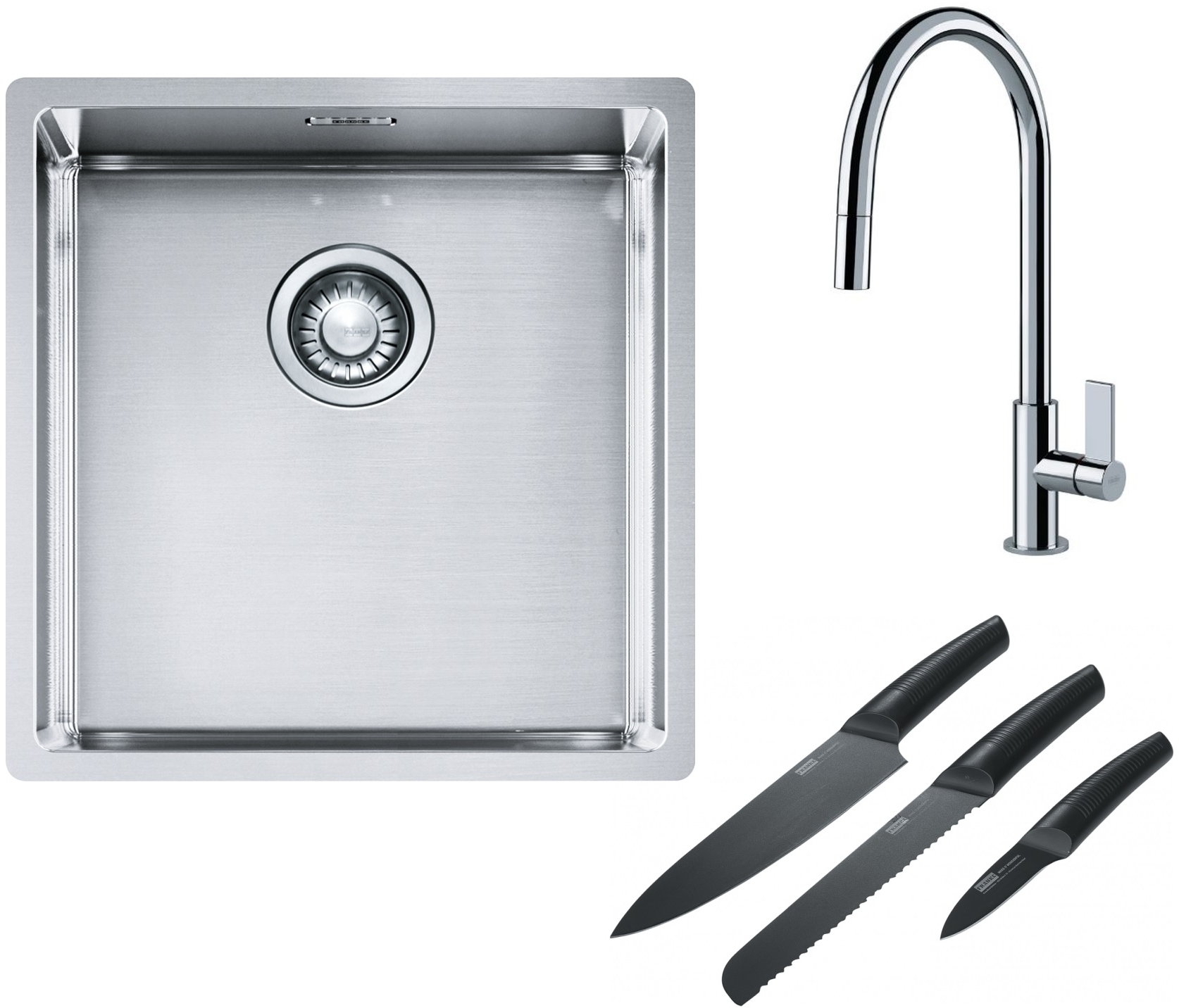 Franke Box BXX 210/110-40 zlewozmywak 45x44 cm stalowy z baterią kuchenną Ambient chrom i zestawem noży kuchennych (1270453654, ...