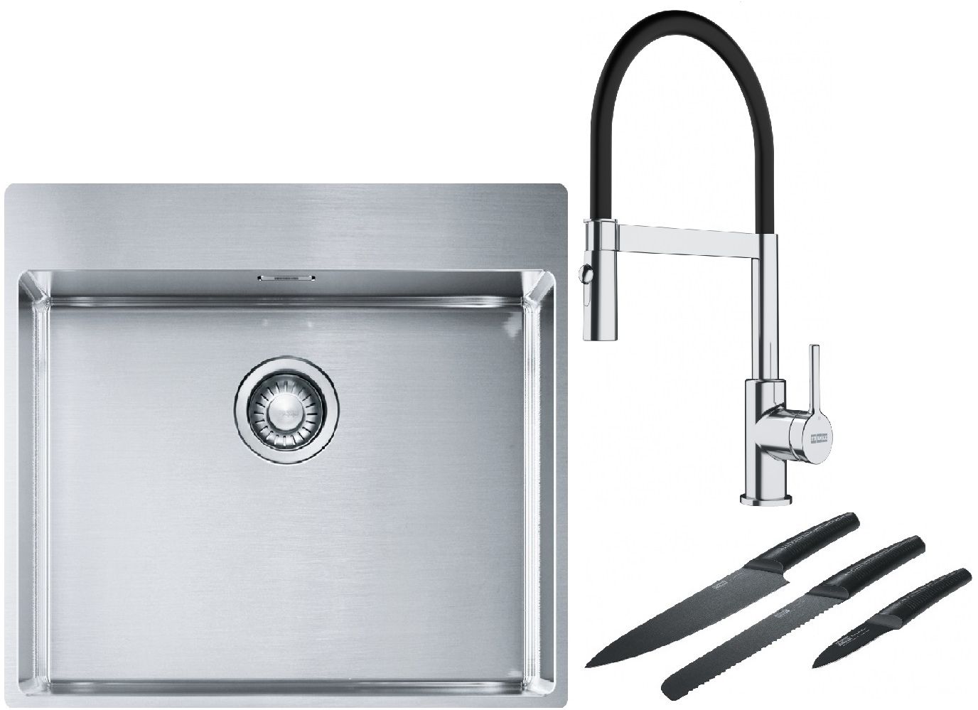 Franke Box BXX 210-54 TL zlewozmywak 57x51 cm stalowy z baterią kuchenną Lina chrom/czarny i zestawem noży kuchennych (1270369295, ... - Wysyłka w 24h