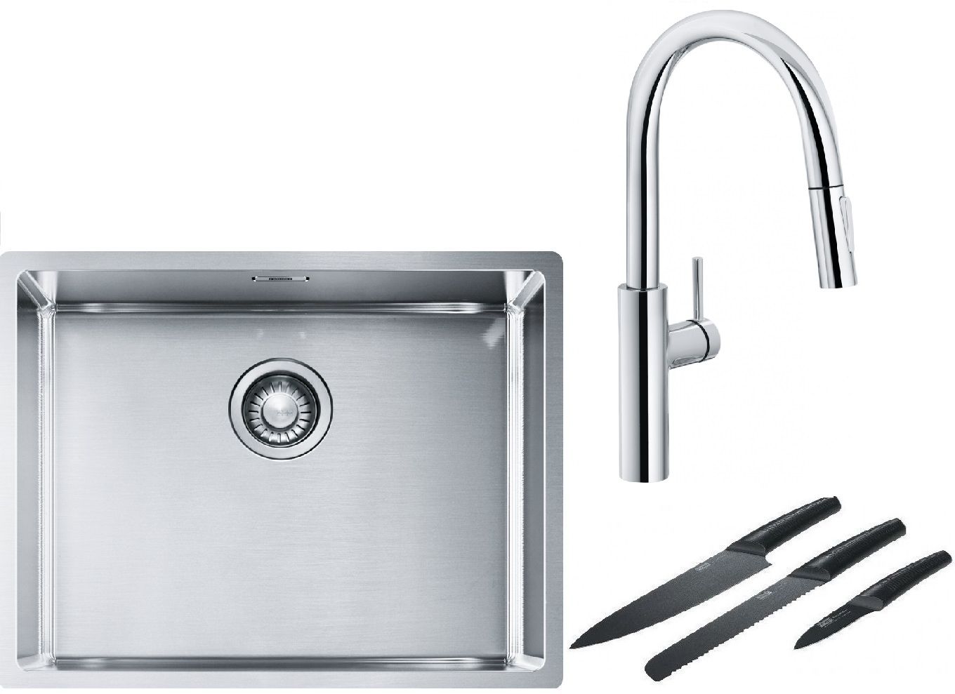 Franke Box BXX 110-54/ BXX 210-54 zlewozmywak 58x45 cm stalowy z baterią kuchenną Pescara L Slide-In chrom i zestawem noży kuchennych ... - Wysyłka w 