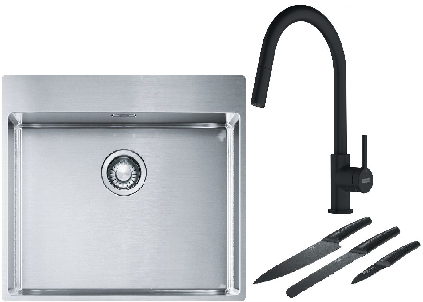 Franke Box BXX 210-54 TL zlewozmywak 57x51 cm stalowy z baterią kuchenną Lina czarny mat i zestawem noży kuchennych (1270369295, ... - Wysyłka w 24h