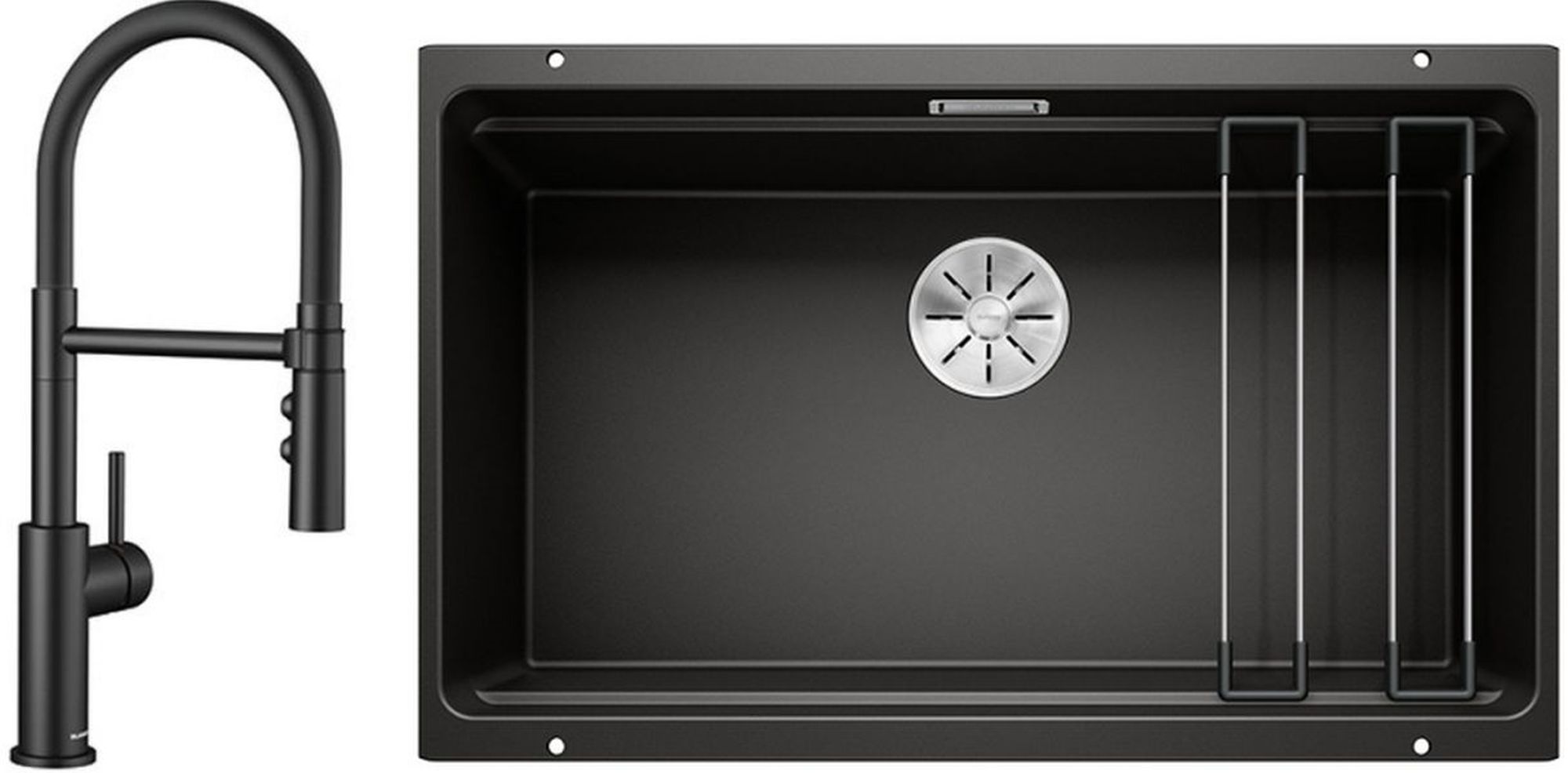Zestaw Blanco Etagon 700-U zlewozmywak granitowy czarny z baterią kuchenną Catris-S Flexo czarny mat (525891, 525793) - Wysyłka w 24h