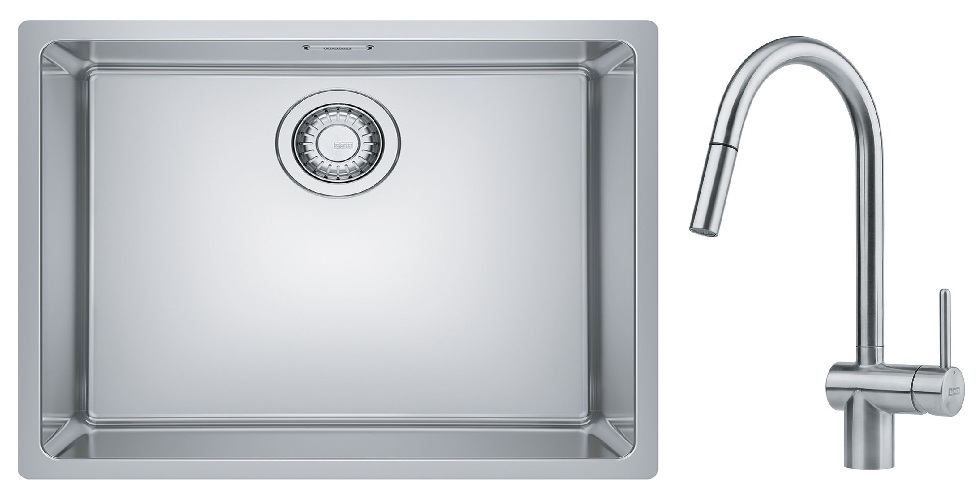 Zestaw Franke Maris zlewozmywak stalowy 50x40 cm z baterią kuchenną Leda Neo Pull-Out jedwab/ stal (1220543996, 1150590047) - Wysyłka w 24h