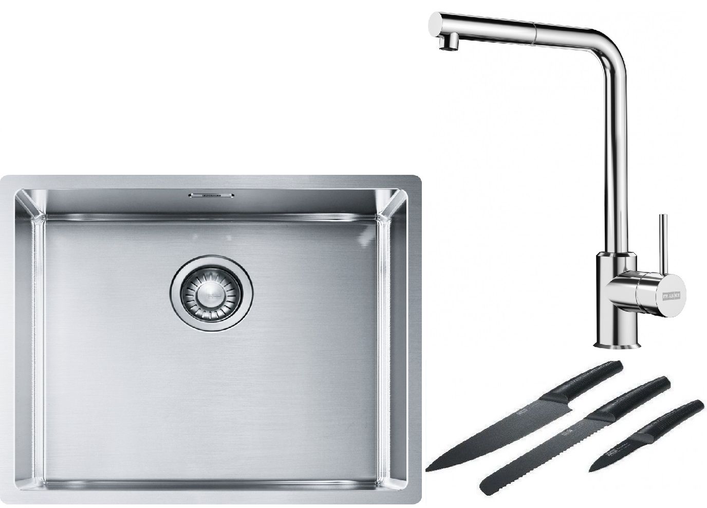 Franke Box BXX 110-50/BXX 210-50 zlewozmywak 54x45 cm stalowy z baterią kuchenną Sirius Side chrom i zestawem noży kuchennych ...