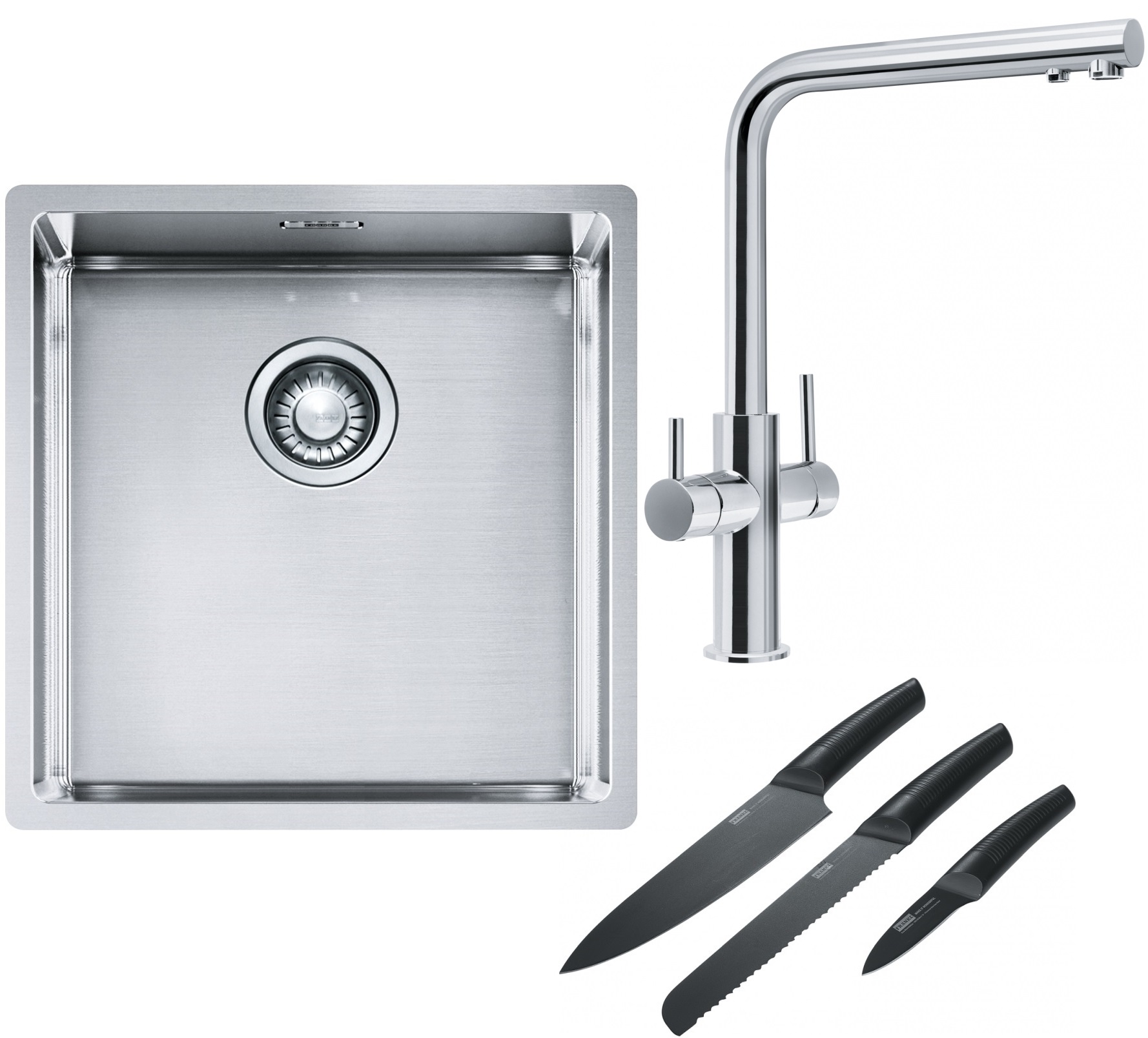 Franke Box BXX 210/110-40 zlewozmywak 45x44 cm stalowy z baterią kuchenną Neptune Clear Water chrom i zestawem noży kuchennych ...