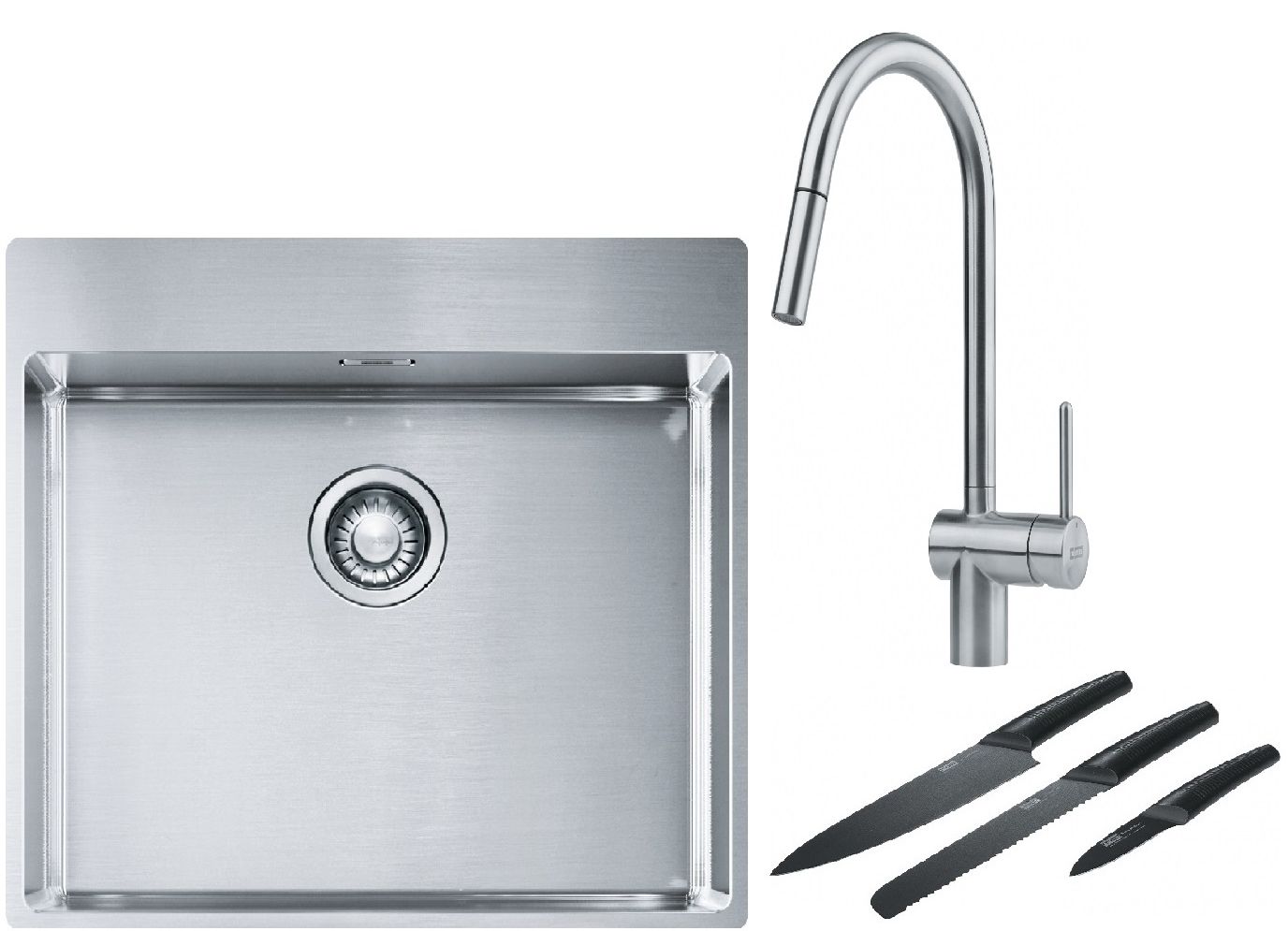 Franke Box BXX 210-54 TL zlewozmywak 57x51 cm stalowy z baterią kuchenną Leda Neo stal szlachetna i zestawem noży kuchennych ... - Wysyłka w 24h