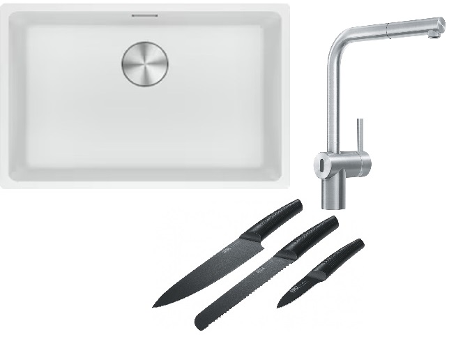 Franke Maris MRG 110-62 zlewozmywak 62x40 cm Fragranite biały polarny z baterią kuchenną Atlas Neo Sensor stal szlachetna i zestawem ...