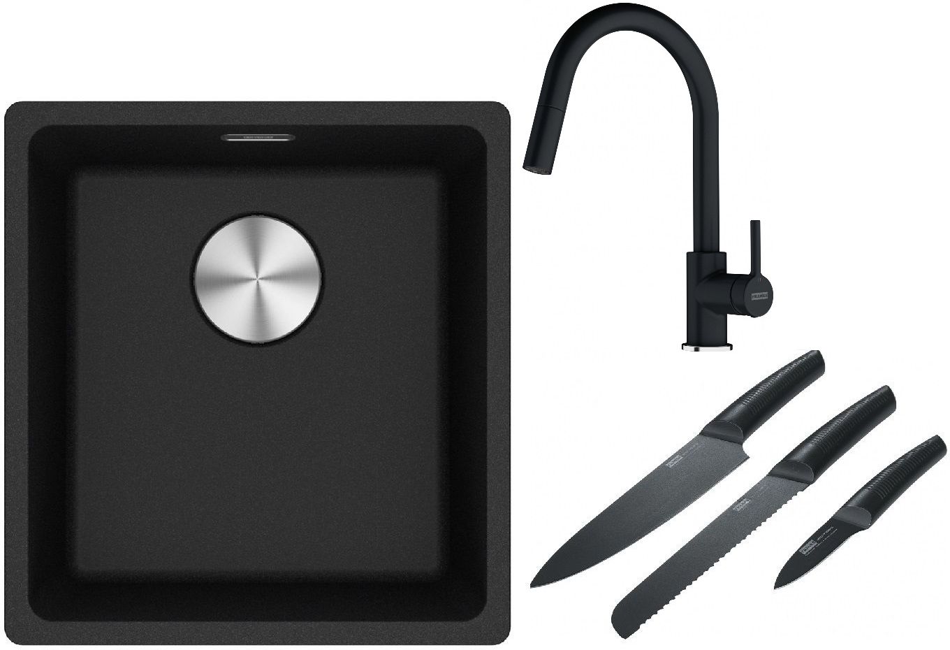 Franke Maris MRG 110-37 zlewozmywak 40x37 cm Fragranite z baterią kuchenną Lina onyx i zestawem noży kuchennych (1250687249, 1150626055, ...
