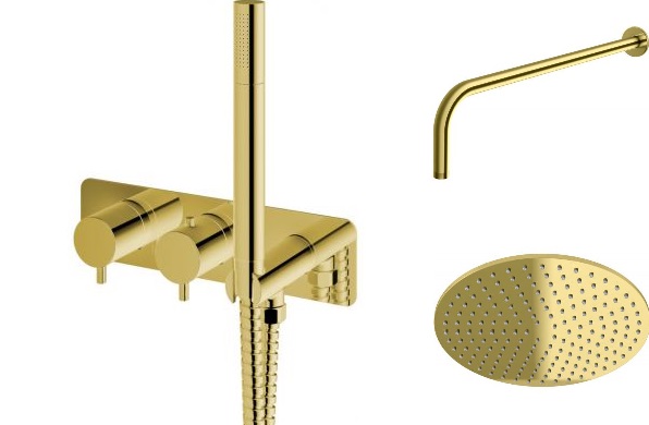 Zestaw Kohlman Axel Gold bateria wannowo-prysznicowa z deszczownicą Experience Gold złoty połysk (QW265AGD, WNEGD, R25EGD)