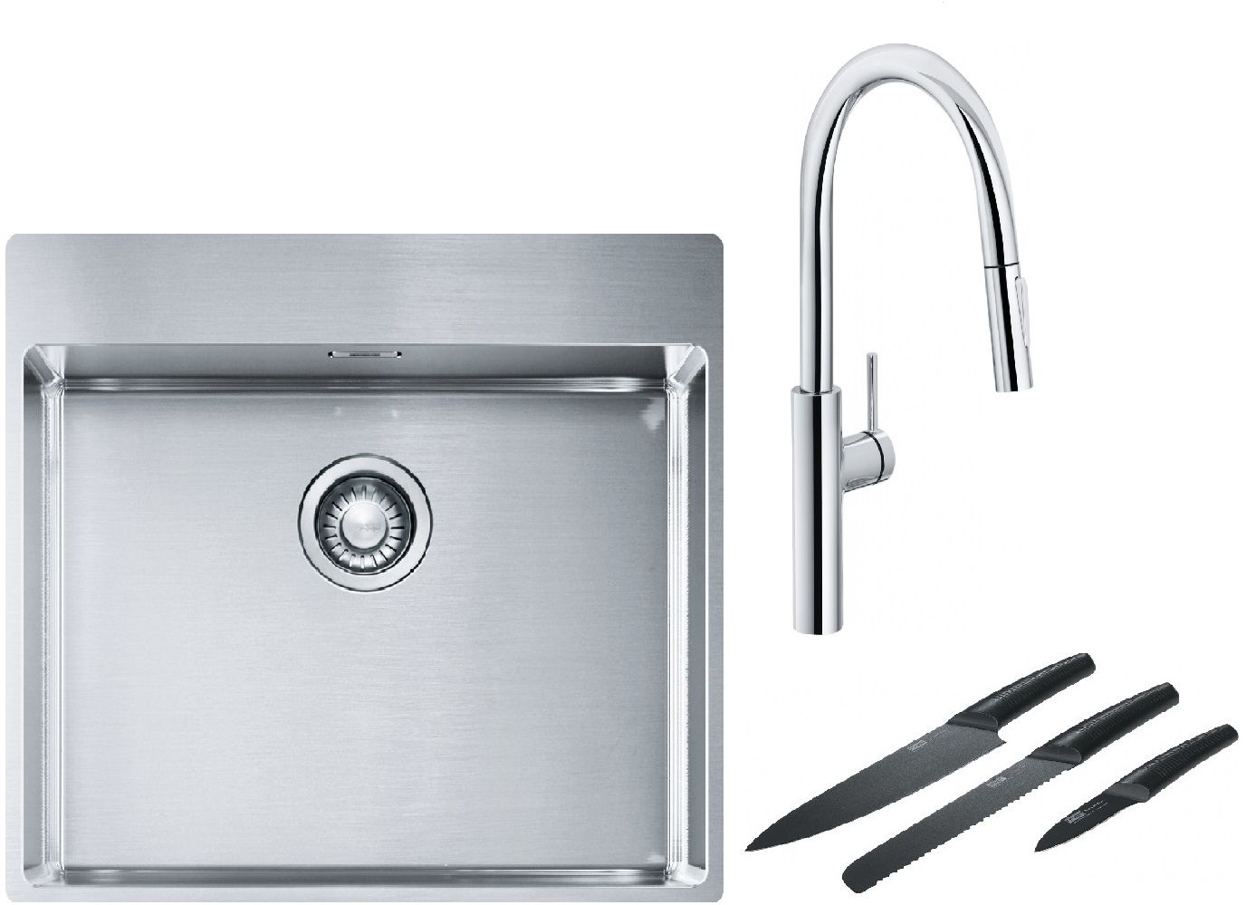 Franke Box BXX 210-54 TL zlewozmywak 57x51 cm stalowy z baterią kuchenną Pescara L Slide-In chrom i zestawem noży kuchennych ... - Wysyłka w 24h