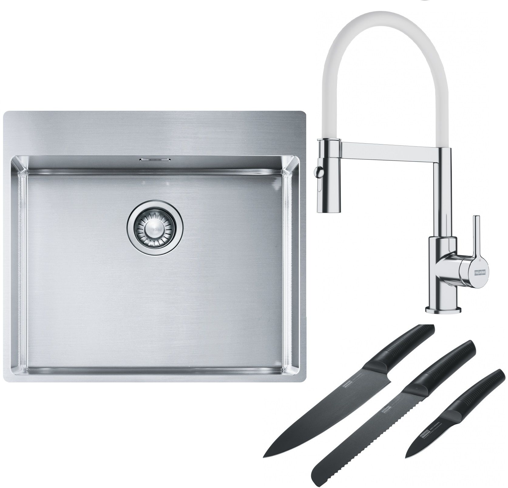 Franke Box BXX 210-54 TL zlewozmywak 57x51 cm stalowy z baterią kuchenną Lina chrom/biały i zestawem noży kuchennych (1270369295, ...