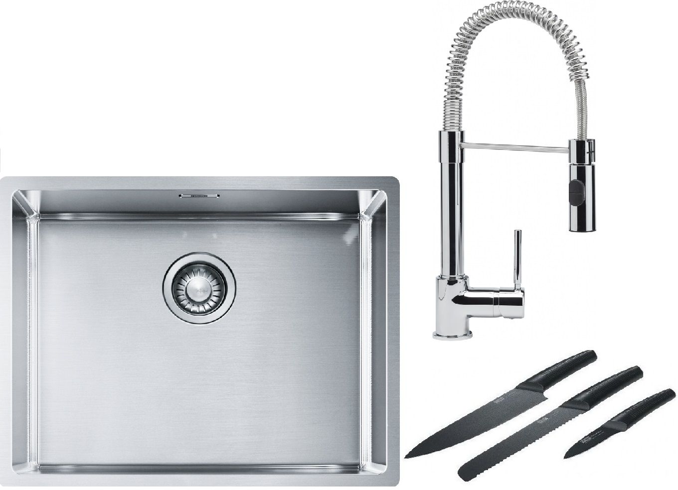 Franke Box BXX 110-54/ BXX 210-54 zlewozmywak 58x45 cm stalowy z baterią kuchenną Coxy chrom i zestawem noży kuchennych (1270453660, ...