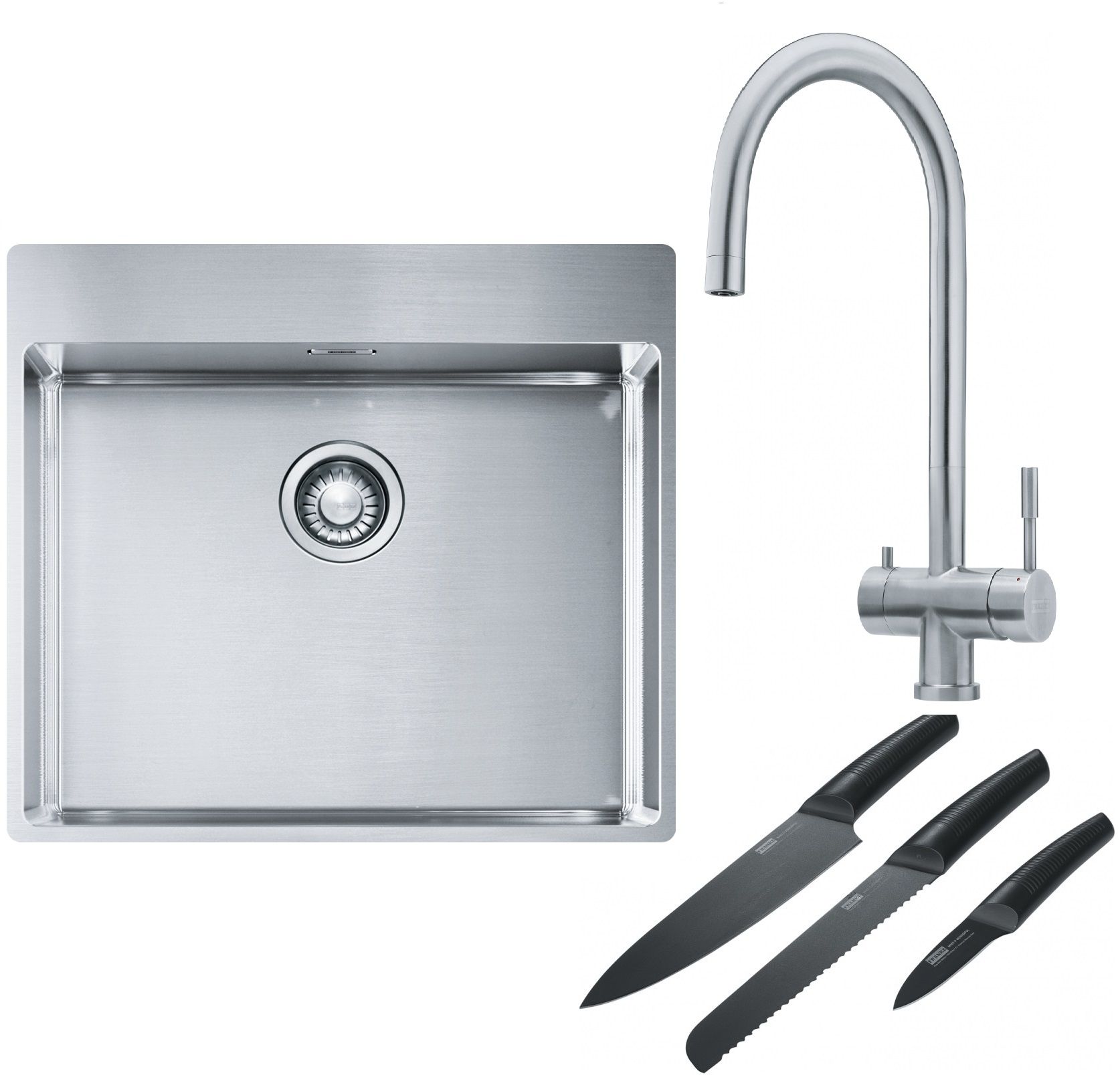 Franke Box BXX 210-54 TL zlewozmywak 57x51 cm stalowy z baterią kuchenną Eos stal szlachetna i zestawem noży kuchennych (1270369295, ...