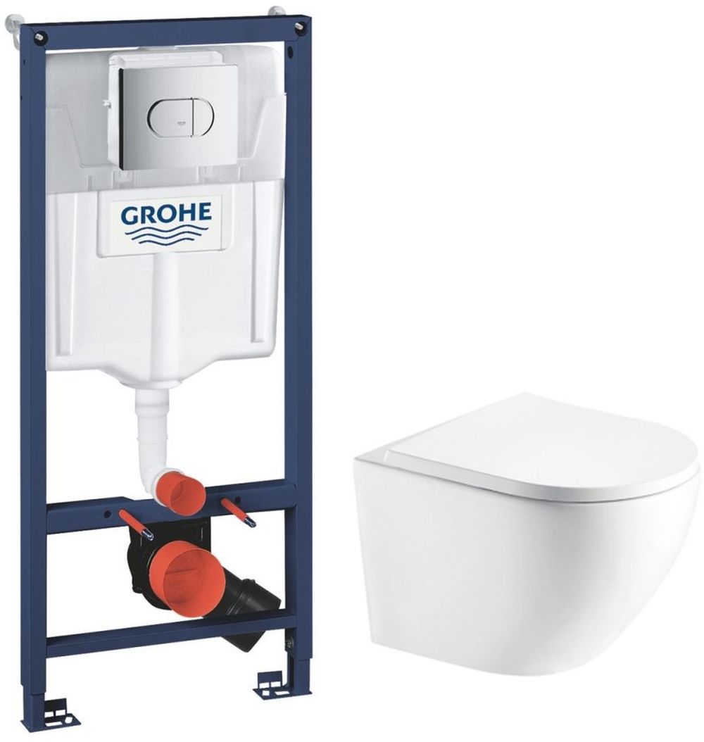 Zestaw Grohe Solido stelaż podtynkowy z przyciskiem spłukującym chrom i miska WC wisząca Rimless z deską wolnoopadającą biała ... - Wysyłka w 24h