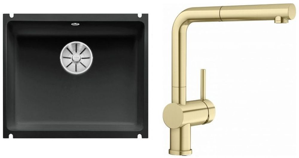 Zestaw Blanco Subline 500-U zlewozmywak ceramiczny czarny z baterią kuchenną Linus-S złoty (523740, 526684)