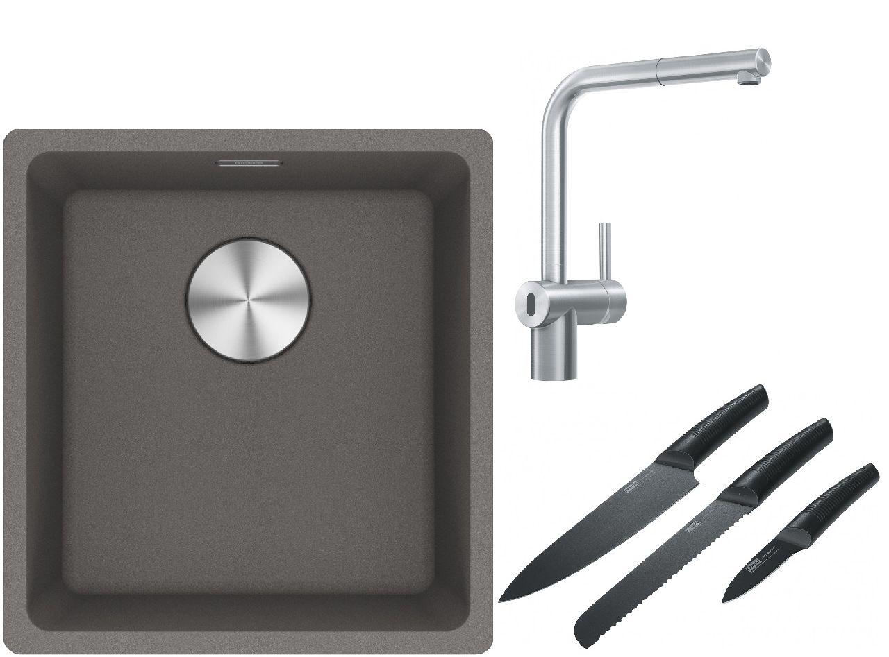 Franke Maris MRG 110-37 zlewozmywak 40x37 cm Fragranite kamienny szary z baterią kuchenną Atlas Neo Sensor stal szlachetna i zestawem ...