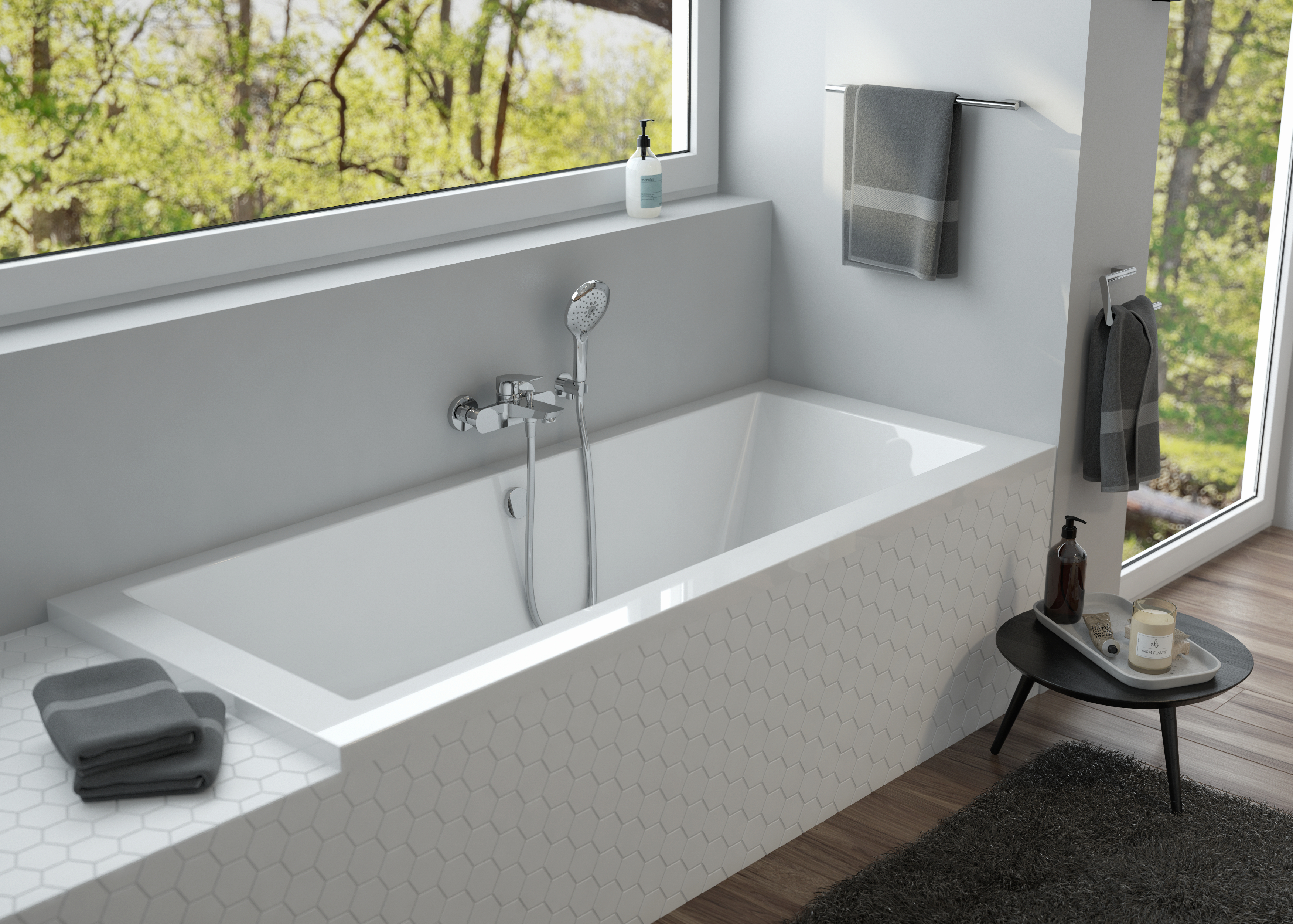 Zestaw Oltens Langfoss wanna prostokątna 140x70 cm z kompletem odpływowo-przelewowym Oster (10001000, 03001100)